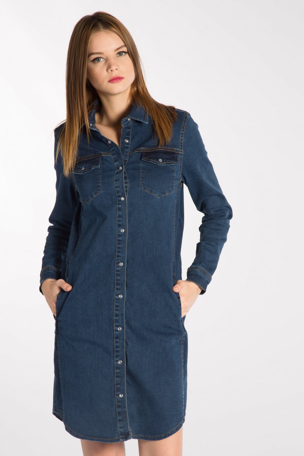 Setmoda Mavi çift Cep Kapaklı Jean Elbise Elbisebul