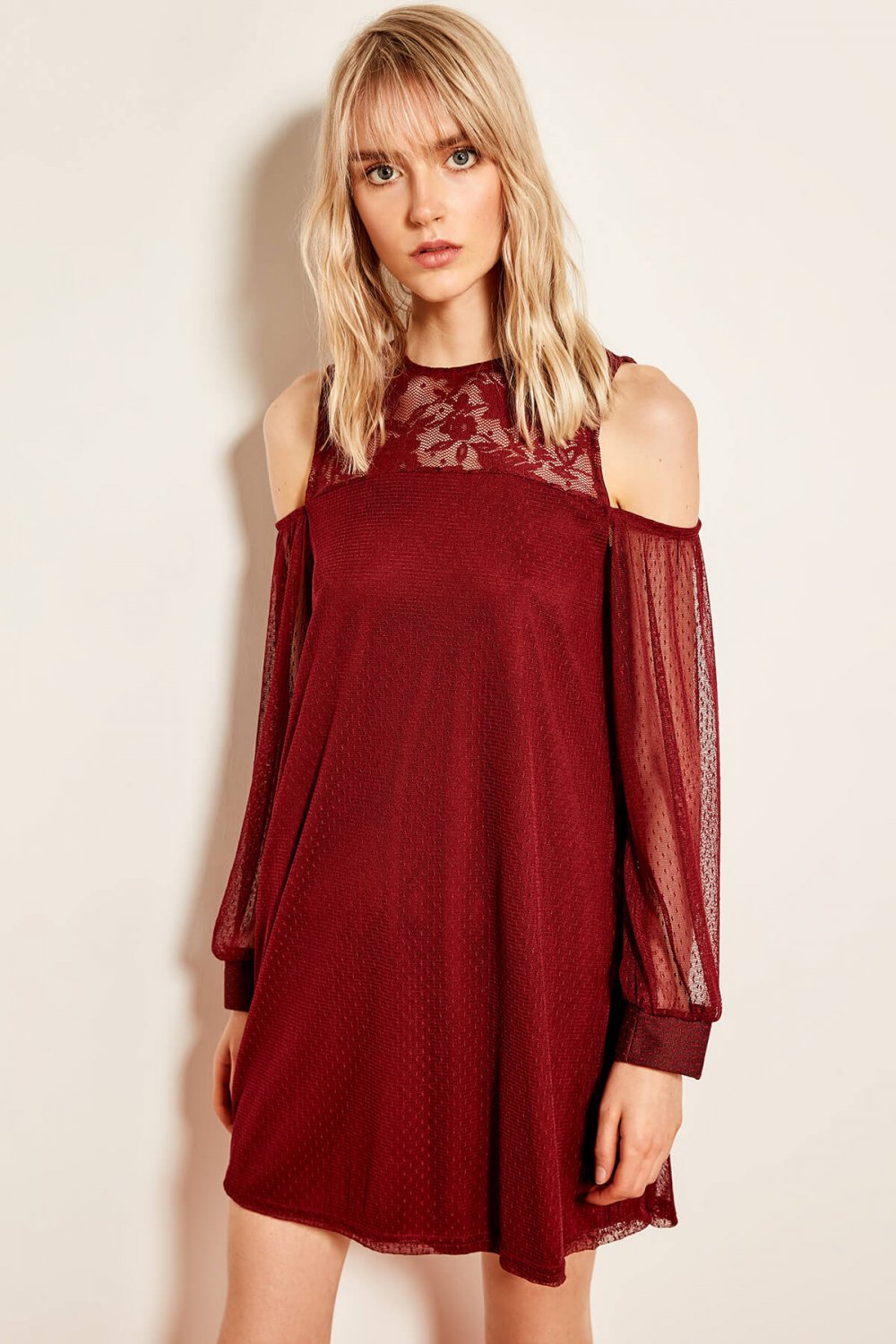 Bordo Dantelli Mini Elbise