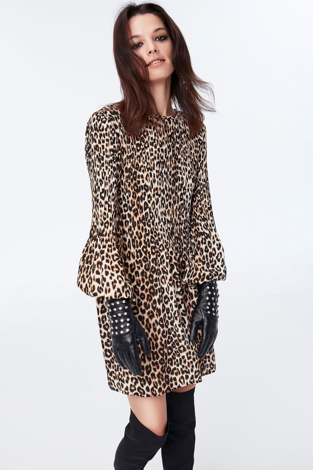 Ipekyol Siyah Leopar Desen Balon Kol Mini Elbise Elbisebul