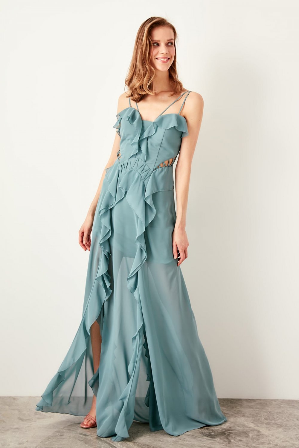 Trendyolmilla Askili Yesil Volan Detayli Uzun Abiye Elbise Elbisebul