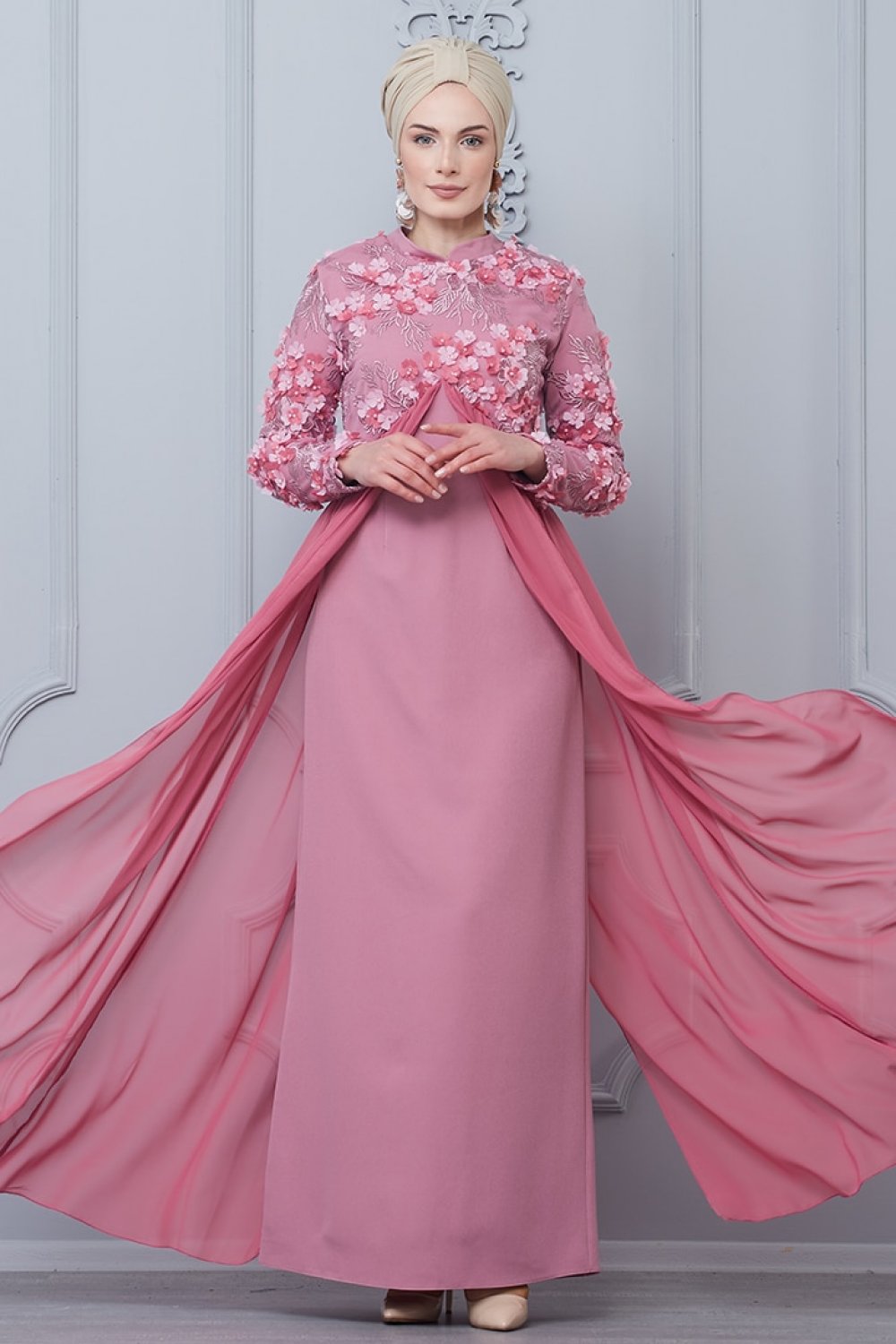 Butik Neşe Gül Kurusu Şifon Detaylı Çiçekli Abiye Elbise Butik Neşe Gül Kurusu Şifon Detaylı Çiçekli Abiye Elbise