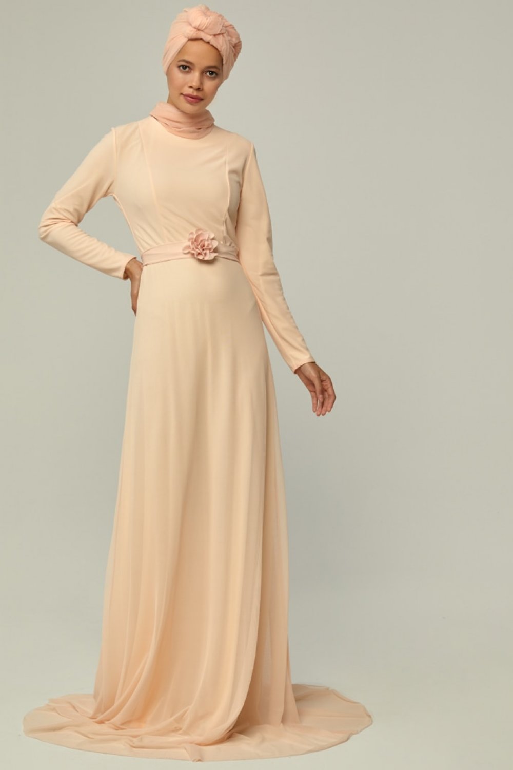 Mwedding Pudra Üç Boyutlu Çiçek Detaylı Abiye Elbise Mwedding Pudra Üç Boyutlu Çiçek Detaylı Abiye Elbise