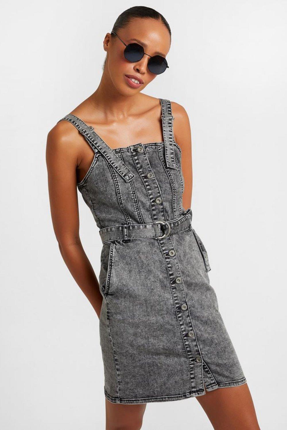 Askılı Mini Denim Elbise