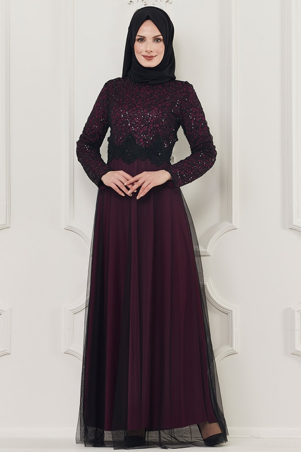 Butik Neşe Mürdüm Dantelli Abiye Elbise Butik Neşe Mürdüm Dantelli Abiye Elbise