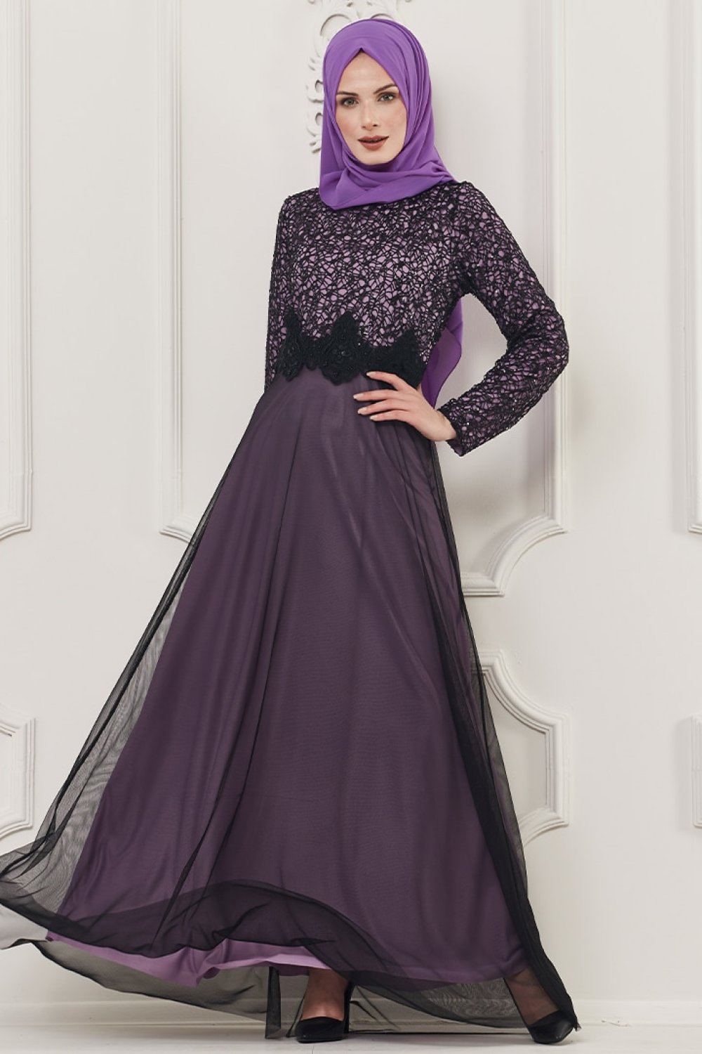 Butik Neşe Lila Dantelli Abiye Elbise Butik Neşe Lila Dantelli Abiye Elbise