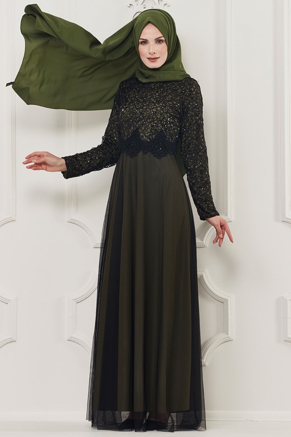 Butik Neşe Haki Dantelli Abiye Elbise Butik Neşe Haki Dantelli Abiye Elbise