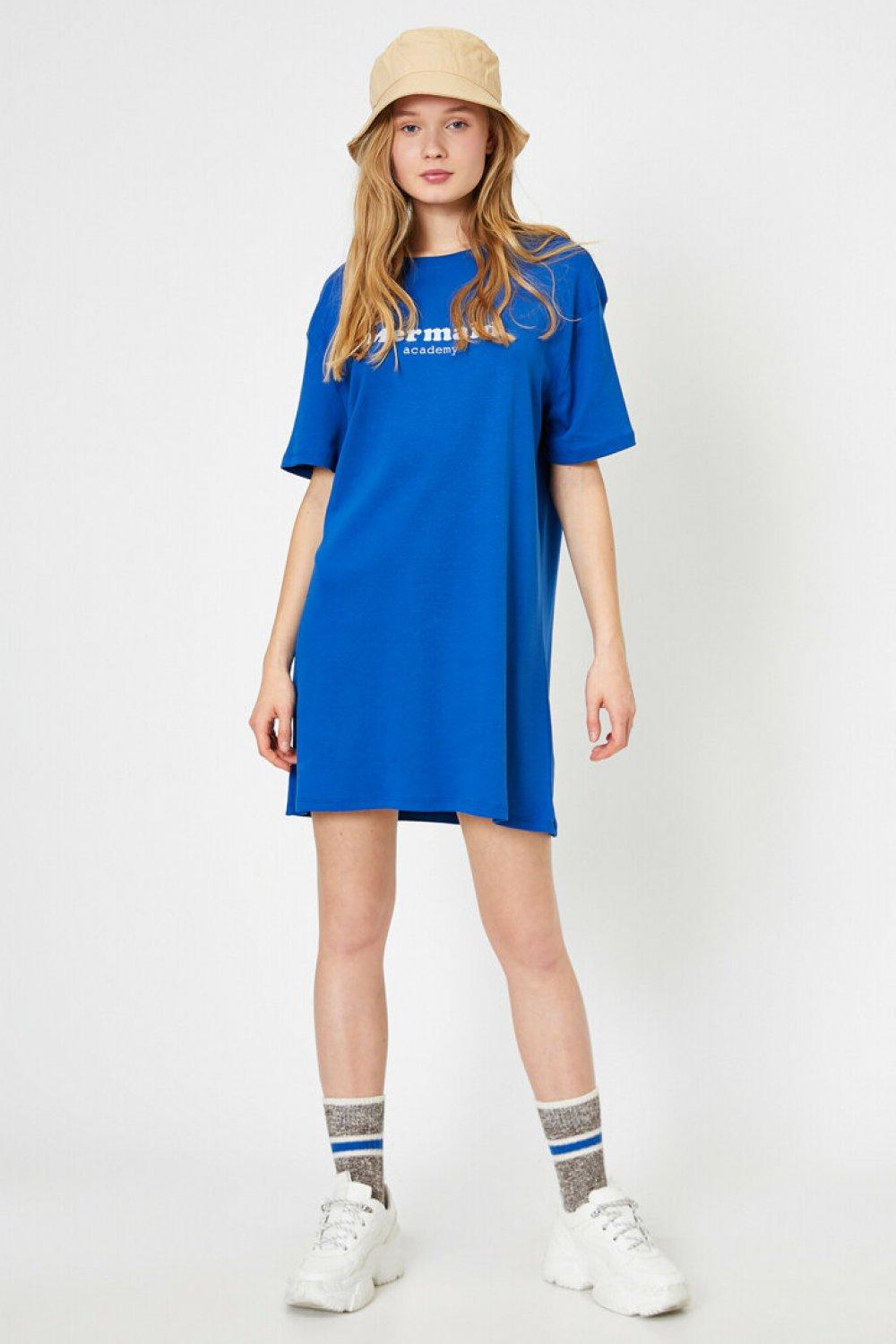 Yazılı Baskılı Saks Mavi Mini T-Shirt Elbise