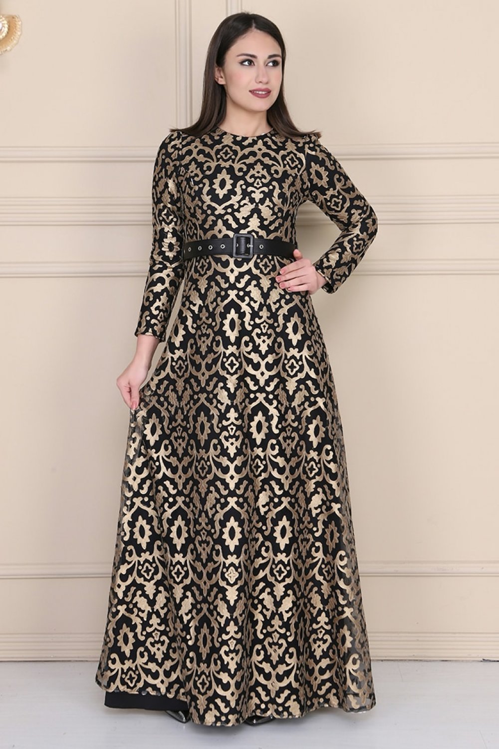 Sew&Design Siyah Altın Osmanlı Desen Lazer Deri Abiye Elbise Sew&Design Siyah Altın Osmanlı Desen Lazer Deri Abiye Elbise
