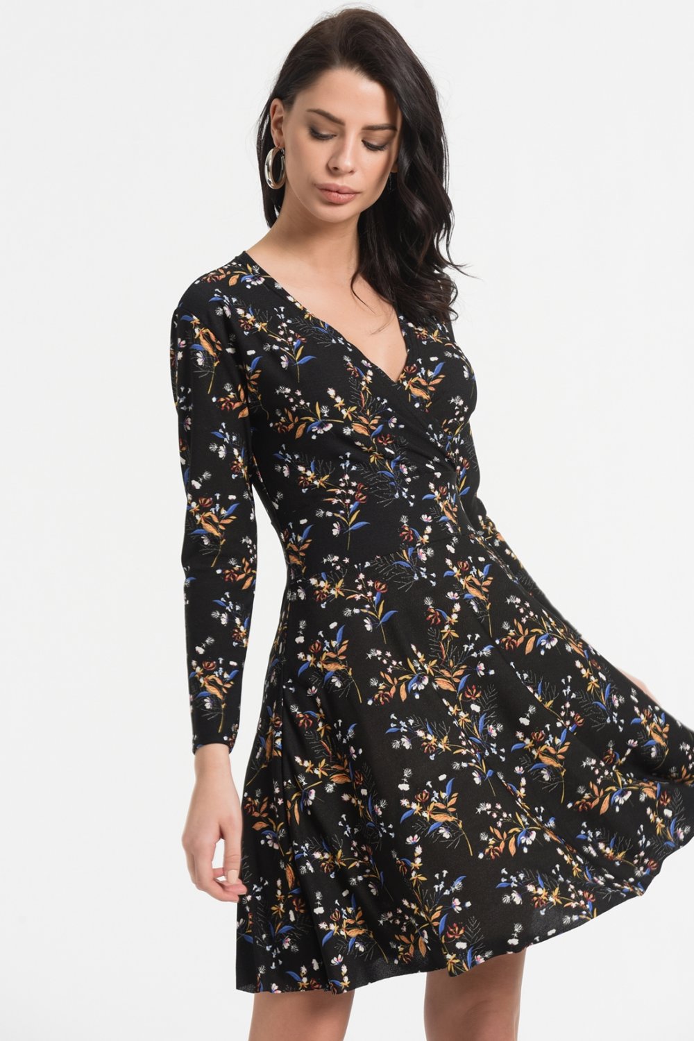 Styletag Siyah Çiçek Desenli Kruvaze Mini Elbise Styletag Siyah Çiçek Desenli Kruvaze Mini Elbise