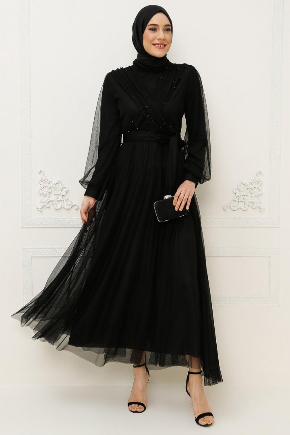 Müteahhit ikna etmek teslim  BÜRÜN Siyah Tül Detaylı Abiye Elbise | ElbiseBul