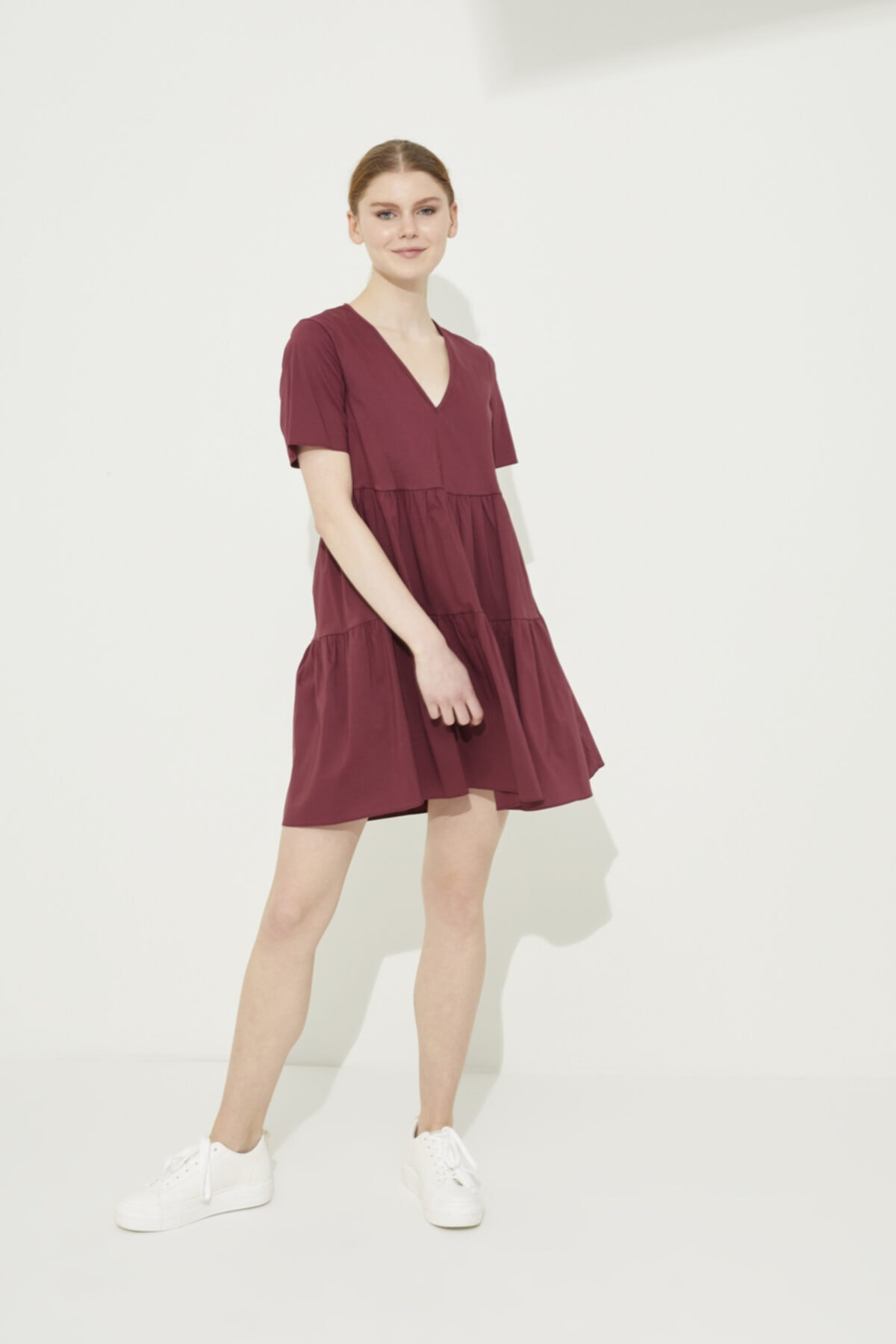 Adl Bordo V Yaka Poplin Mini Elbise Adl Bordo V Yaka Poplin Mini Elbise