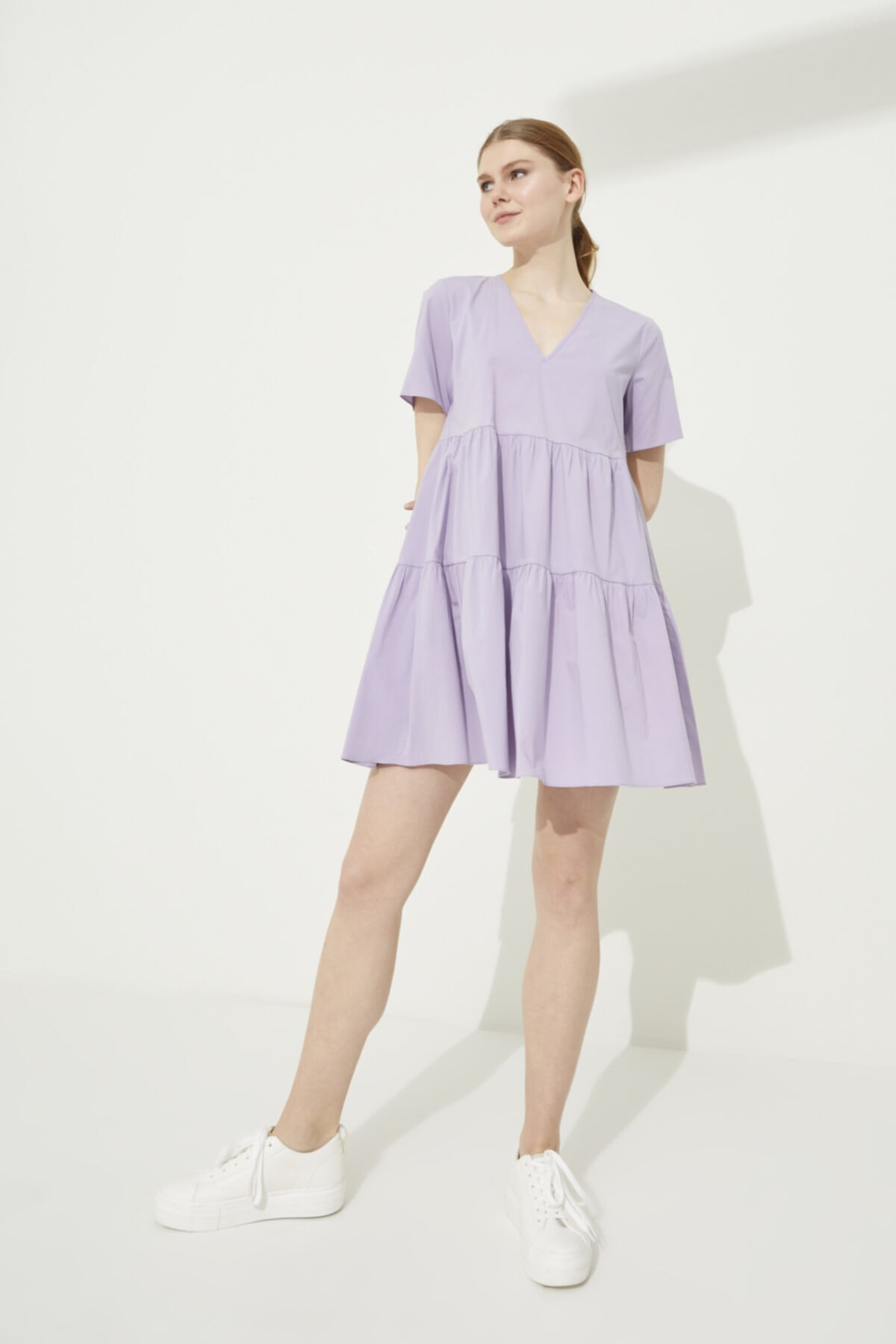 Adl Lila V Yaka Poplin Mini Elbise Adl Lila V Yaka Poplin Mini Elbise