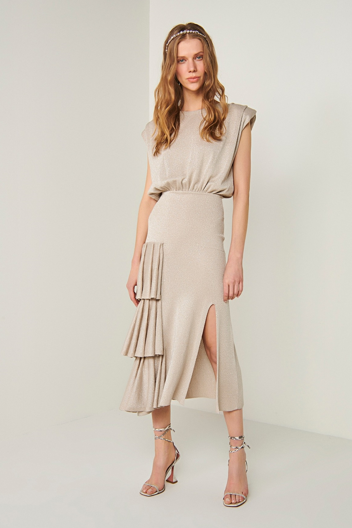 Join Us Bej Vatkali Firfir Detayli Midi Triko Elbise Elbisebul