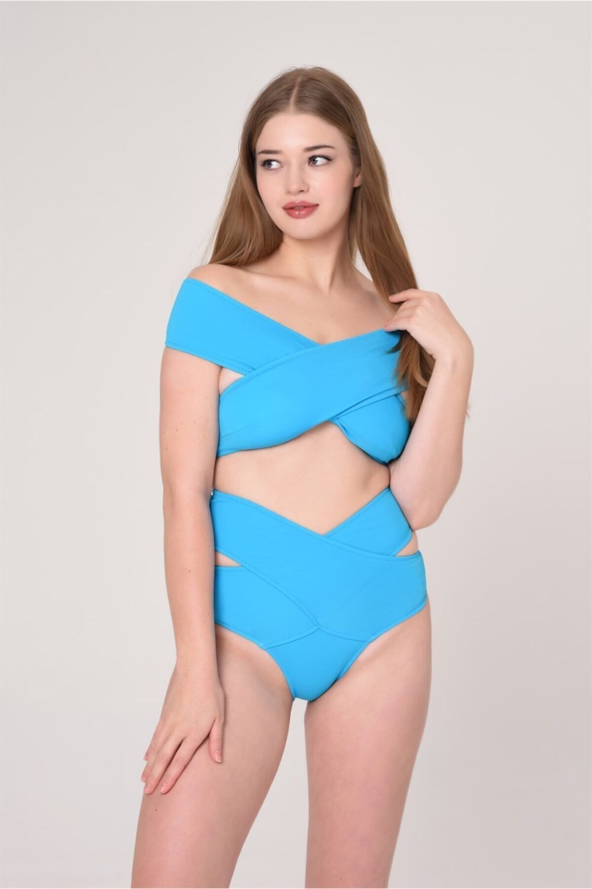  Mavi Yüksek Bel Çapraz Kombinli Bikini Takımı | ElbiseBul