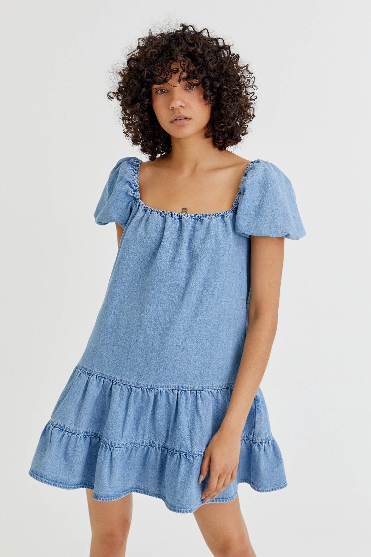 Pull & Bear Mavi Babydoll Mini Kot Elbise ElbiseBul
