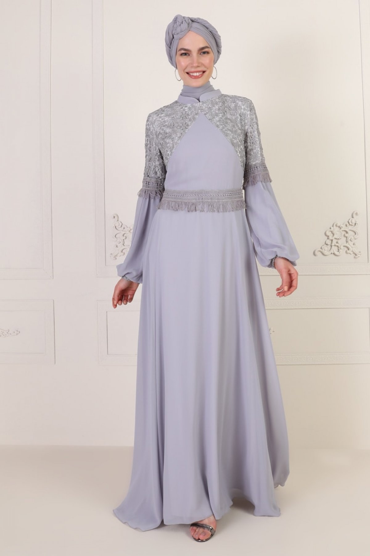 Mwedding Gri Güpür Detaylı Abiye Elbise Mwedding Gri Güpür Detaylı Abiye Elbise