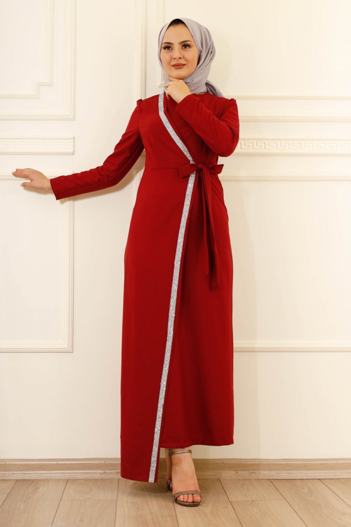 Moda Dua Bordo Önü Taşlı Kruvaze Abiye Elbise Moda Dua Bordo Önü Taşlı Kruvaze Abiye Elbise