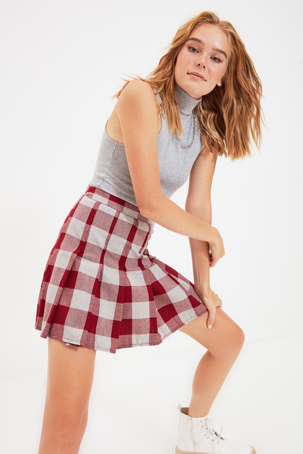 Trendyolmilla Bordo Kareli Mini Etek Trendyolmilla Bordo Kareli Mini Etek