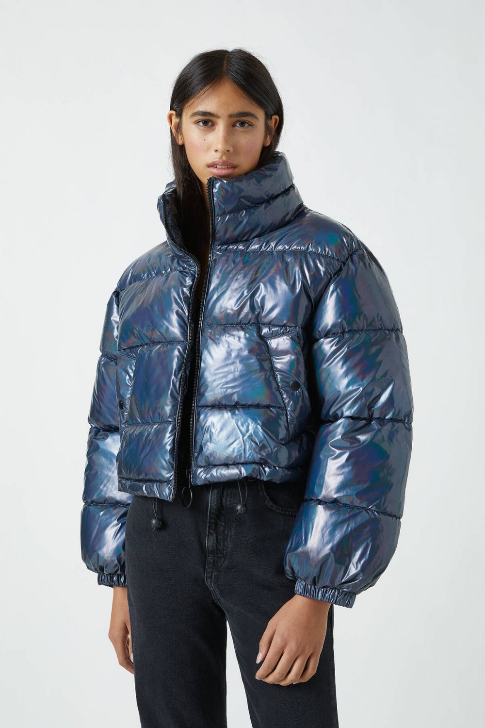 Pull Bear Petrol Mavisi Dik Yaka Reflektor Sisme Mont Elbisebul